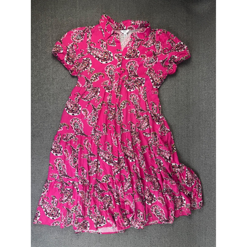 Crown & Ivy Dress PXL Petite‎ XL Pink Paisley Tiered Button Front Puff Sleeve